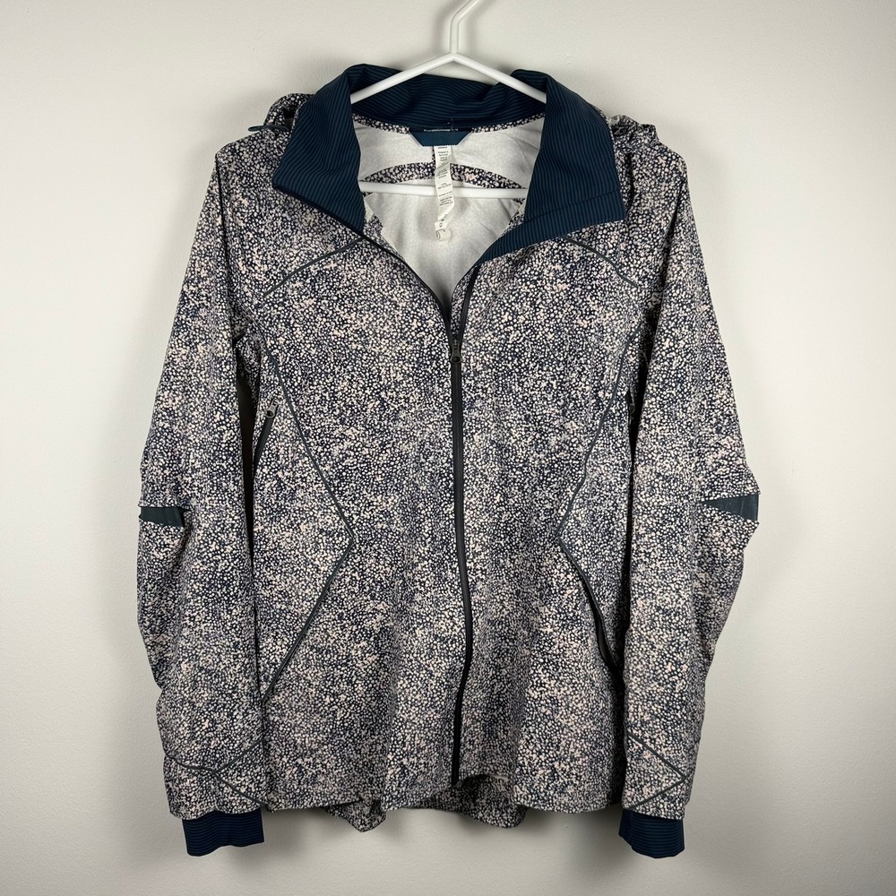 Lululemon Hooded Windbreaker Jacket Navy Pink Speckled Print Size 6 Thumbholes‎